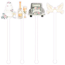 Load image into Gallery viewer, watercolor wedding cake, champagne, just married car and love birds acrylic drink stir
