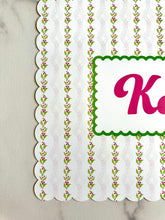 Load image into Gallery viewer, Personalized Name Placemat Pink and Green Holly Trellis Scallop Edge Girl Gift Chinoiserie Child Charger Placesetting Tablescape Table Decor