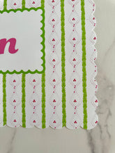 Load image into Gallery viewer, Personalized Name Placemat Pink and Green Holly Trellis Scallop Edge Girl Gift Chinoiserie Child Charger Placesetting Tablescape Table Decor