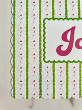 Load image into Gallery viewer, Personalized Name Placemat Pink and Green Holly Trellis Scallop Edge Girl Gift Chinoiserie Child Charger Placesetting Tablescape Table Decor