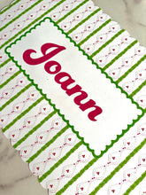 Load image into Gallery viewer, Personalized Name Placemat Pink and Green Holly Trellis Scallop Edge Girl Gift Chinoiserie Child Charger Placesetting Tablescape Table Decor