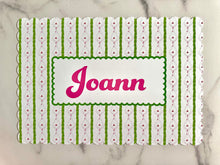 Load image into Gallery viewer, Personalized Name Placemat Pink and Green Holly Trellis Scallop Edge Girl Gift Chinoiserie Child Charger Placesetting Tablescape Table Decor
