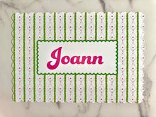Load image into Gallery viewer, Personalized Name Placemat Pink and Green Holly Trellis Scallop Edge Girl Gift Chinoiserie Child Charger Placesetting Tablescape Table Decor