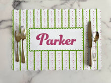 Load image into Gallery viewer, Personalized Name Placemat Pink and Green Holly Trellis Scallop Edge Girl Gift Chinoiserie Child Charger Placesetting Tablescape Table Decor