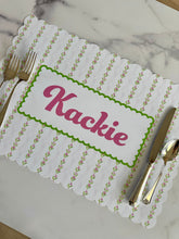 Load image into Gallery viewer, Personalized Name Placemat Pink and Green Holly Trellis Scallop Edge Girl Gift Chinoiserie Child Charger Placesetting Tablescape Table Decor