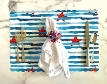 Load image into Gallery viewer, Starfish and Stripes Scallop Placemat Nautical Red White and Blue Beach Nautical Charger Placesetting Summer Table America Independence Day
