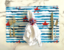 Load image into Gallery viewer, Starfish and Stripes Scallop Placemat Nautical Red White and Blue Beach Nautical Charger Placesetting Summer Table America Independence Day