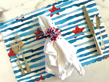 Load image into Gallery viewer, Starfish and Stripes Scallop Placemat Nautical Red White and Blue Beach Nautical Charger Placesetting Summer Table America Independence Day