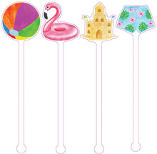 Load image into Gallery viewer, watercolor beach ball, flamingo float, sand castle and swim trunk acrylic drink stir
