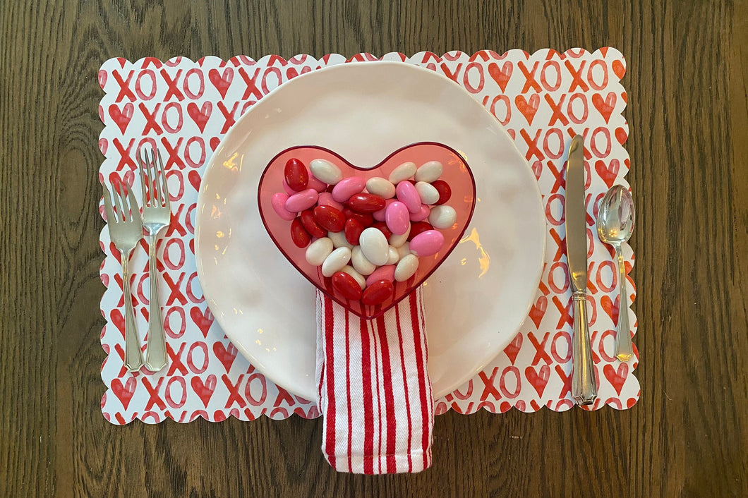 XOXO Heart Placemat Watercolor Scallop Edge valentine Anniversary Galentine Table Setting Red and white love