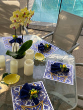Load image into Gallery viewer, Italian Tile Paper Placemat Blue and Yellow Poolside Indoor Outdoor Summer Beach house Almalfi Coast Italy inspired Bold Placesetting
