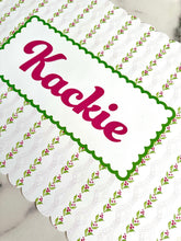 Load image into Gallery viewer, Personalized Name Placemat Pink and Green Holly Trellis Scallop Edge Girl Gift Chinoiserie Child Charger Placesetting Tablescape Table Decor