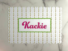 Load image into Gallery viewer, Personalized Name Placemat Pink and Green Holly Trellis Scallop Edge Girl Gift Chinoiserie Child Charger Placesetting Tablescape Table Decor
