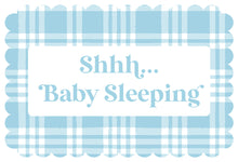 Load image into Gallery viewer, Light blue plaid Shhh... baby sleeping sign for door

