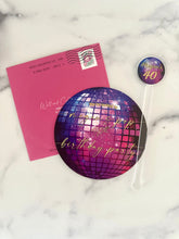 Load image into Gallery viewer, Disco Ball inviation with hot pink envelope and matching swizzle stick
