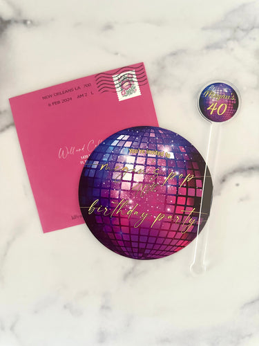 Disco Ball inviation with hot pink envelope and matching swizzle stick