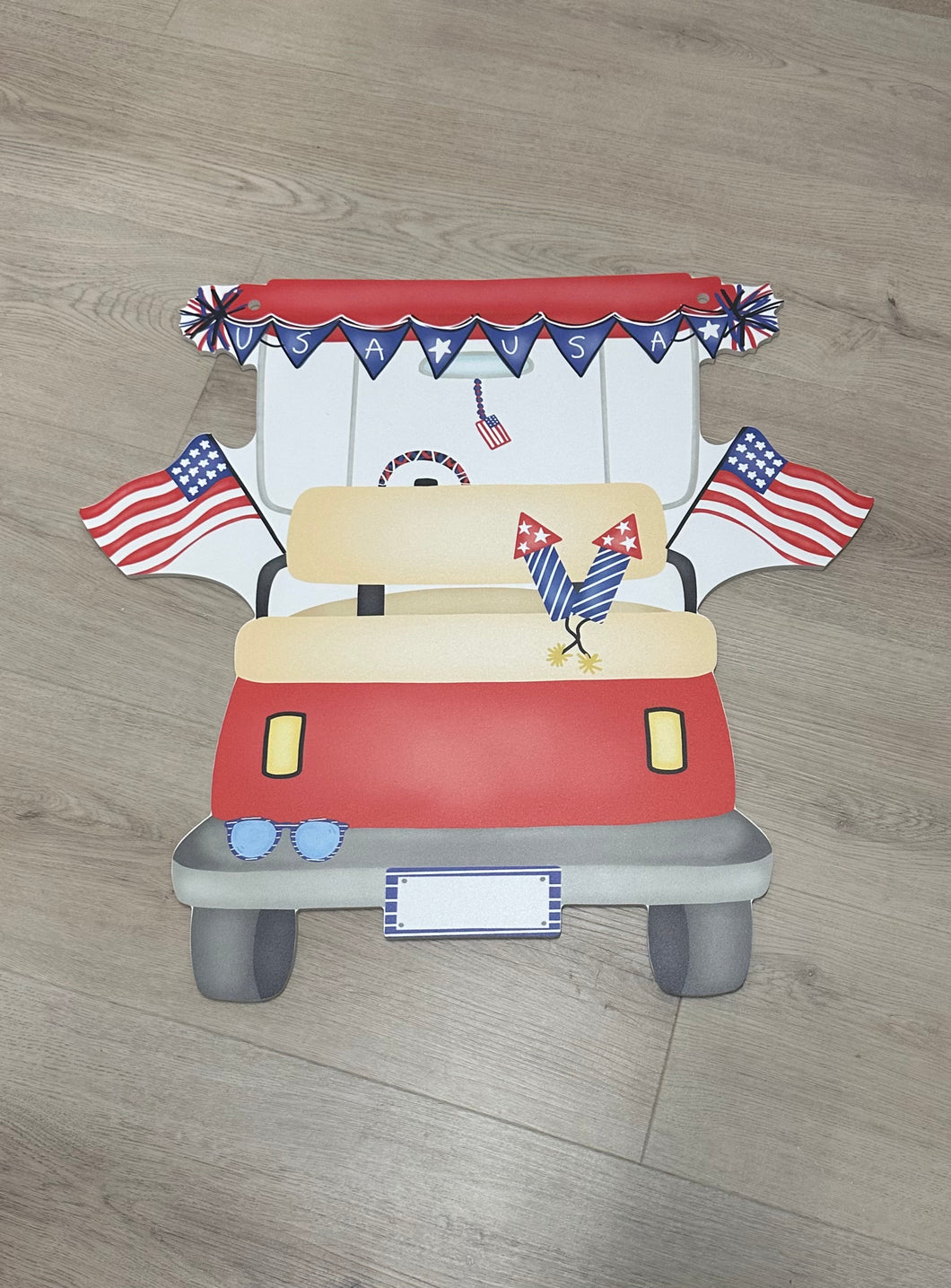 American Decorated golf cart door hanger with fireworks