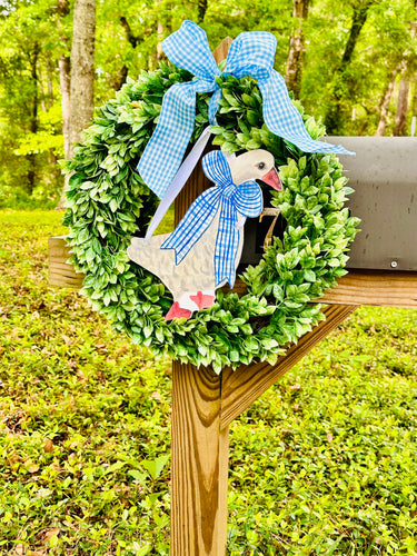 Mother Goose with Blue Gingham Bow Door Hanger- Medium on topiary on mailbox