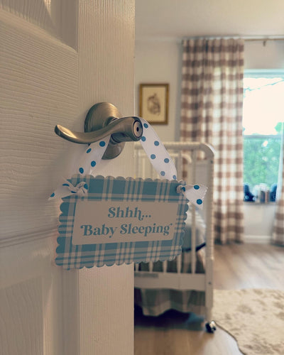 Shh.. baby sleeping mini door hanger sign in blue plaid