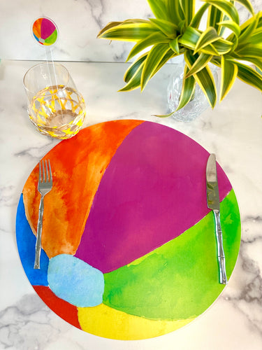 beach ball placemat and matching drink stir swizzle stick