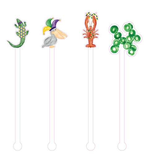 Watercolor Alligator, Pelican, Crawfish bead dog with mardi gras beads acrylic drink stir