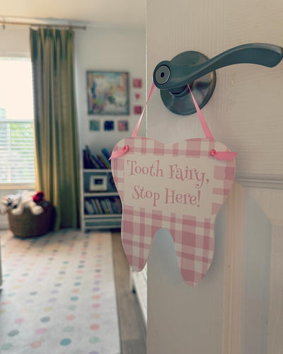 tooth fairy stop here! light pink plaid mini door hanger