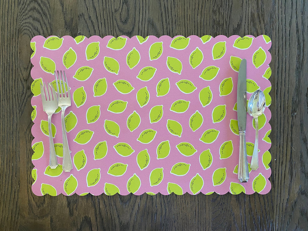Lemon Placemat with Scallop Edge Citrus Indoor Outdoor Wipeable Pink and Yellow Summer Watercolor Pattern