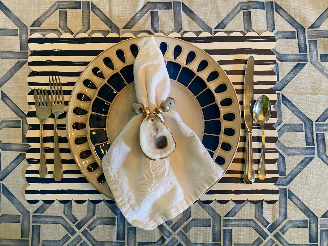 black and white stripe placemat on table