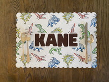Load image into Gallery viewer, Dinosaur Personalized Placemat, Dino Gift, Dinosaur, Child Placemat, Child Name, Personalized Placemat, Child Gift, Birthday Gift, Kid Gift
