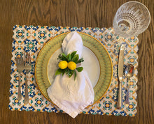 Load image into Gallery viewer, Italian Tile Placemat Charger Blue and Yellow Geometric Scallop Edge European Wipeable  Indoor Outdoor Al Fresco almalfi
