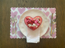 Load image into Gallery viewer, Pink Heart Placemats Scallop Edge Watercolor Indoor Outdoor Wipeable Table Setting Valentine Galentine Love Wedding Engagement Anniversary
