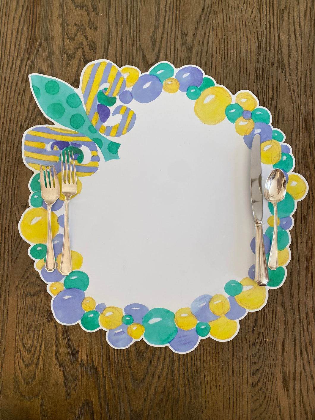 Mardi Gras Placemat- Bead Wreath Louisiana New Orleans Purple Green Gold Carnival Table Setting Throw me something mister Krewe