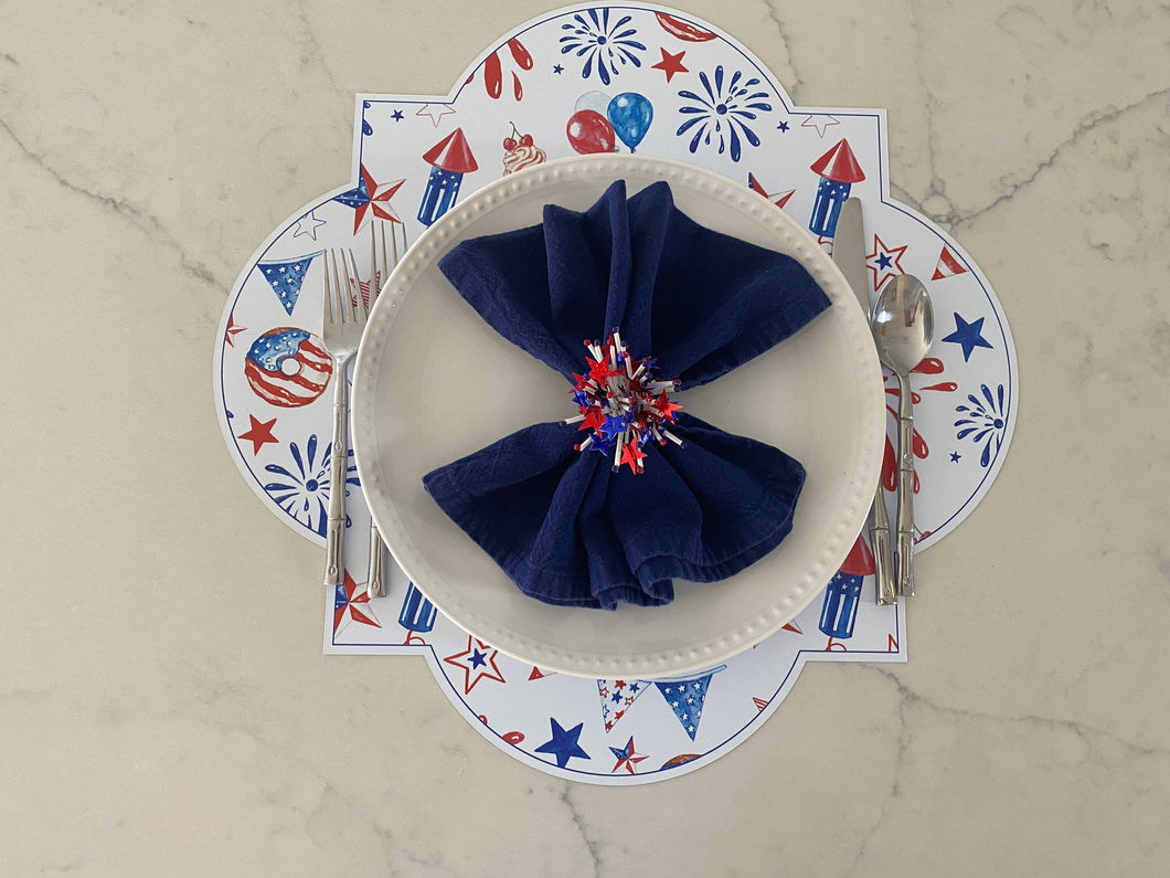 Fireworks Placemat/ Charger- Quatrefoil Wipeable USA American America Watercolor Fourth of July Independence Day Summer Red White Blue