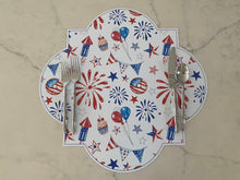 Load image into Gallery viewer, Fireworks Placemat/ Charger- Quatrefoil Wipeable USA American America Watercolor Fourth of July Independence Day Summer Red White Blue
