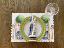 Load image into Gallery viewer, Boxwood Ginger Jar Placemat, Ginger Jar, Scallop Edge, Watercolor, Table Scape, Boxwood, Holiday Placemat, Chinoiserie Placemat, Chinoiserie
