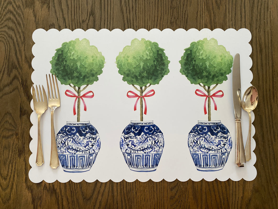 Boxwood Ginger Jar Placemat, Ginger Jar, Scallop Edge, Watercolor, Table Scape, Boxwood, Holiday Placemat, Chinoiserie Placemat, Chinoiserie