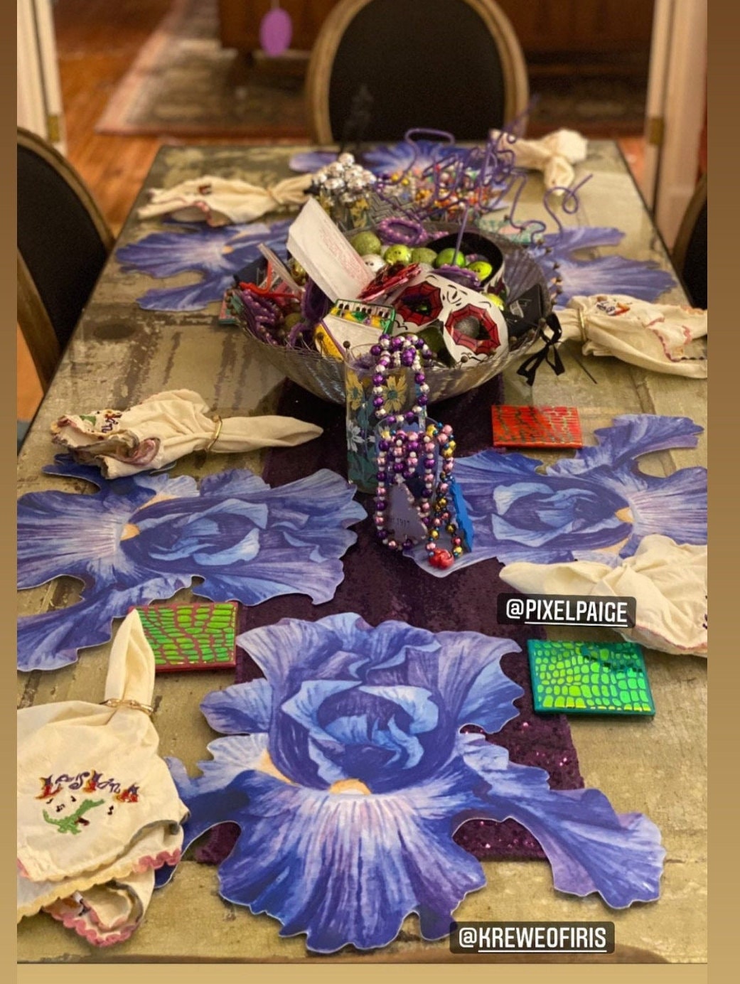 Iris Placemat/ Charger Flower New Orleans Mardi Gras Krewe of Iris Wipeable Watercolor Tablesetting Table Scape