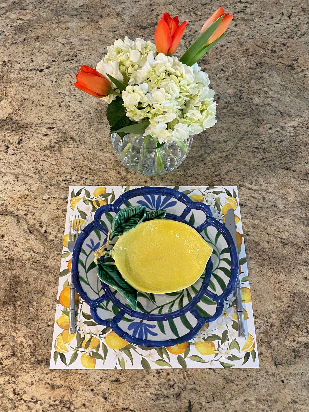 Lemon Paper Placemats Italian Inspired Table setting Place setting Lemon pattern indoor outdoor dining