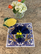 Load image into Gallery viewer, Italian Tile Paper Placemat Blue and Yellow Poolside Indoor Outdoor Summer Beach house Almalfi Coast Italy inspired Bold Placesetting

