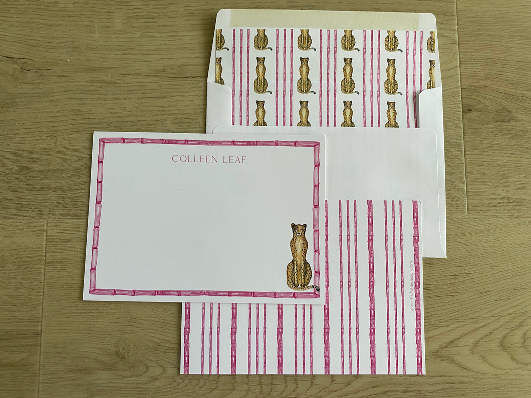 Cheetah Stationery, Stationery Set, Personalized Stationery, Girl Stationery, Gift Set, Bamboo Note card, Cheetah Note card, Personalized