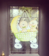 Load image into Gallery viewer, Twins yellow green watercolor baby carriage door hanger
