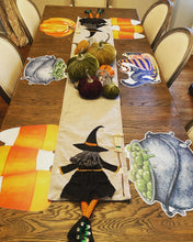 Load image into Gallery viewer, Black Cat and Witch Hat Placemat, Halloween Placemat, Halloween, Candy Corn, Fall Decoration, Hostess Gift, Halloween Decor, Trick or Treat
