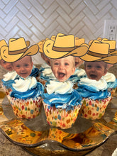 Load image into Gallery viewer, Cake Topper Photo Cake Topper Cupcake topper Birthday Photo Custom Face topper first birthday First Rodeo Party Cowboy Decoration Howdy
