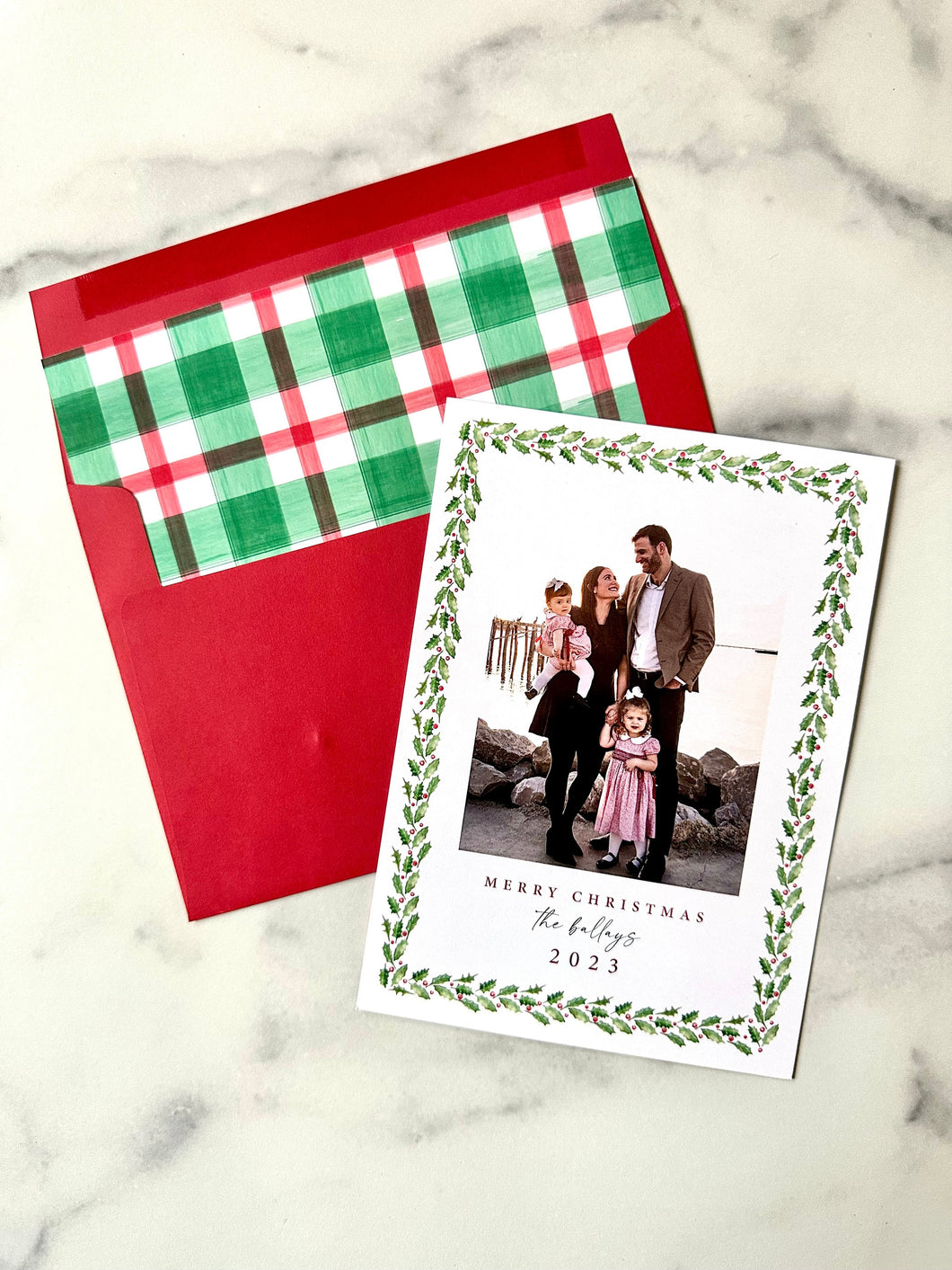 Holly Garland Watercolor Holiday Christmas Card Family Photo Picture Printed Card Plaid Classic Style Custom Personalized