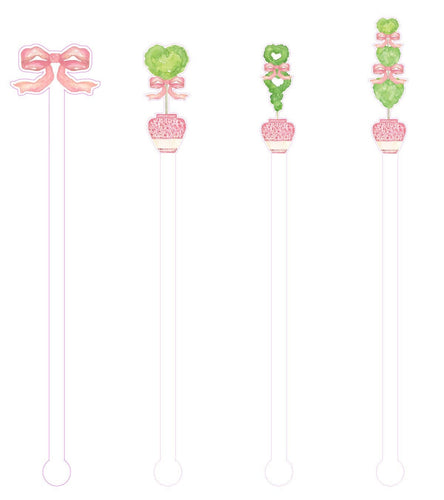 Heart Topiary Drink Stir Swizzle Stick Pink Bow Ribbon