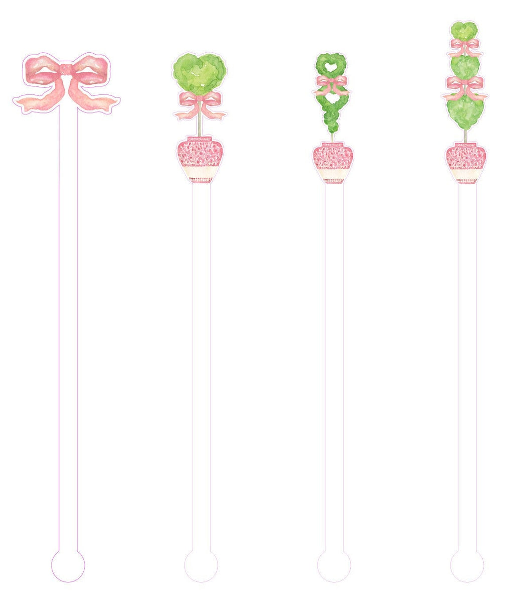 Heart Topiary Drink Stir Swizzle Stick Pink Bow Ribbon