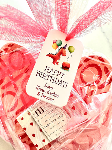 Red dinosaur with balloons gift tag