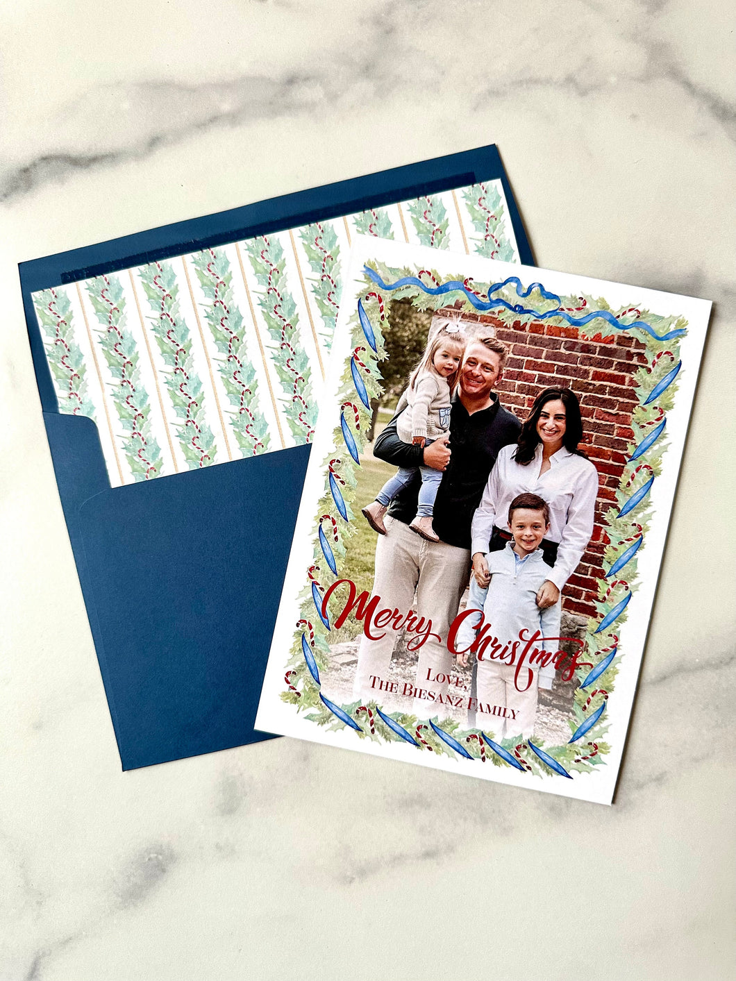 Candy Cane Garland Watercolor Holiday Card Nutcracker Pattern Christmas Card Family Photo Printed Card Photo