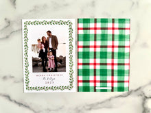 Load image into Gallery viewer, Holly Garland Watercolor Holiday Christmas Card Family Photo Picture Printed Card Plaid Classic Style Custom Personalized
