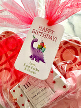 Load image into Gallery viewer, purple dinosaur birthday gift tag
